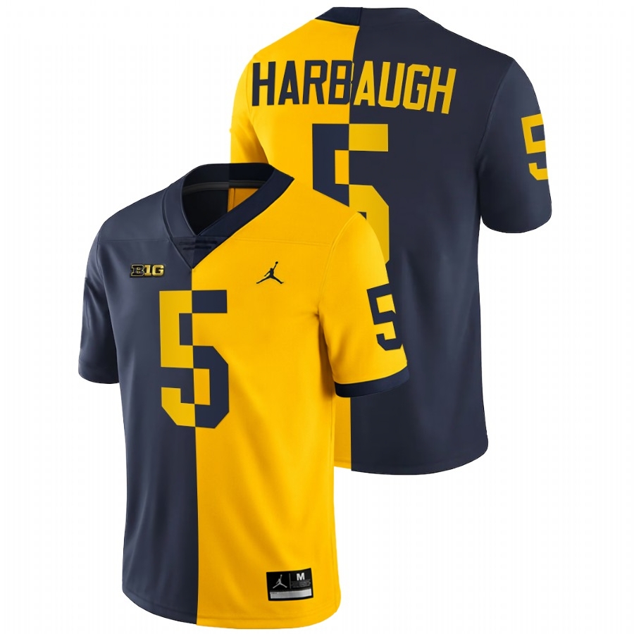 Michigan Wolverines Men's NCAA Jim Harbaugh #5 Navy Maize Split Limited Edition National award winner College Football Jersey PZU3149SE